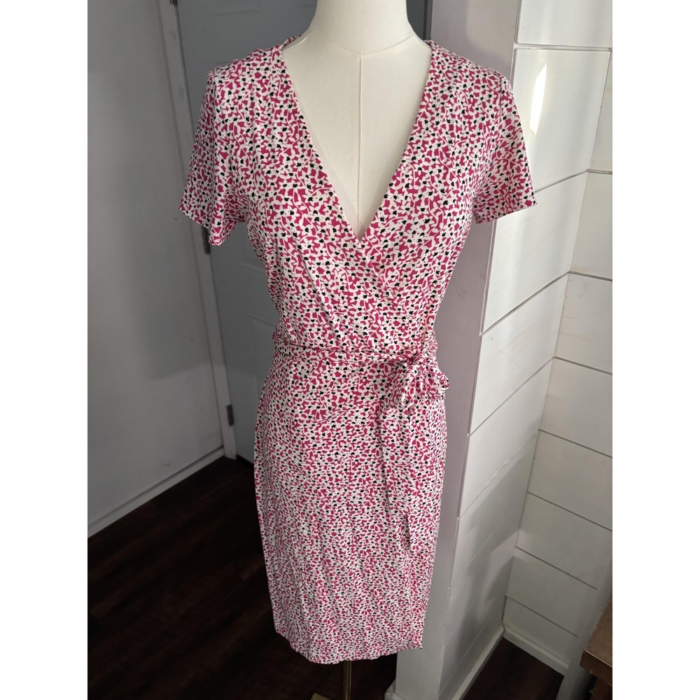 Diane Von‎ Furstenberg Dress Womens 4 Pink Floral Wrap V Neck Knee Cotton Silk